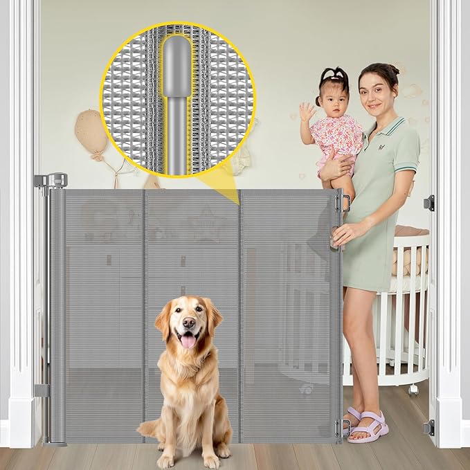 Reinforced 42??Extra Tall Pet Gate for Doorways, Extends up to 60??Wide, Extra Tall Retractable Baby Gates with Rods to Prevent Crawling Through Retractable Mesh Dog Gate Indoor Outdoor, Gray
