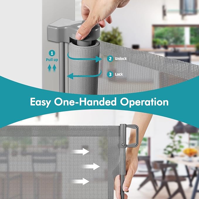 140 Inch Extra Wide Retractable Baby Gate Extra Long Dog Gate Indoor Outdoor Retractable Gate, Mesh Baby Gate Retractable Pet Gate for Large Openings, Large Dog Gate Retractable Gates for Dogs, Gray