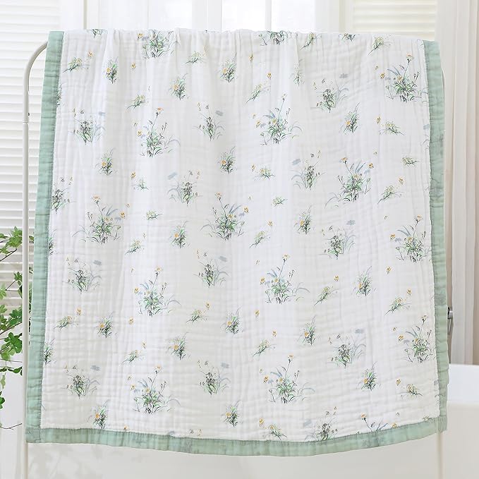 Jay & Ava Soft Cotton Muslin Blanket 42' x 42', Toddler Baby Crib Blanket - 4 Layers - Green Daisy