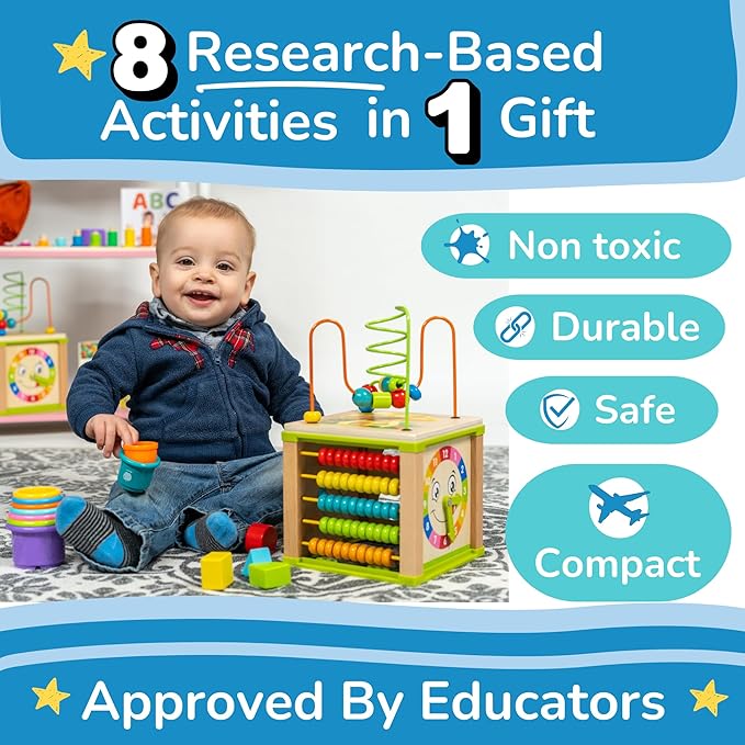 Toyventive Wooden Kids Baby Activity Cube - Girls Gift Set | 1st Birthday Gifts Toys for 1 One, 2 Year Old Girl | Developmental Toddler Educational Learning Girl Toys 12-18 Months | Bead Maze