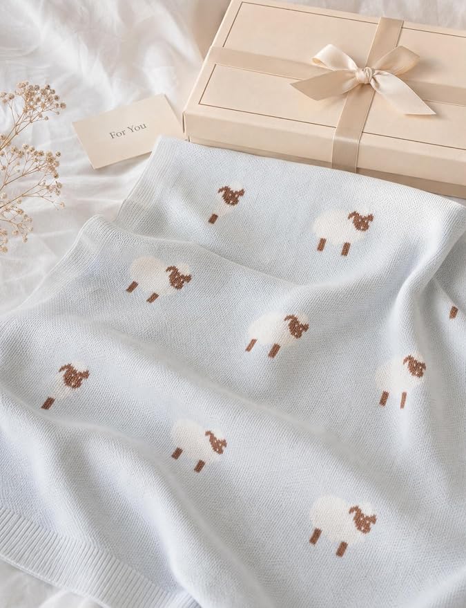 Organic Cotton Baby Blanket - Soft Luxury Knit Receiving Blanket for Newborns & Toddlers, Cozy Breathable Stroller Blanket with Pattern, Unisex, 30x40Inch（Sheep-Blue）