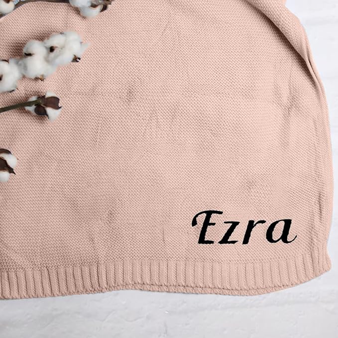 Embroidered Baby Blanket, Custom Name Blanket for Toddler, Personalized Knit Blankets for Baby, Stroller Blanket 30x40 cm (Cotton, Pale Pink)