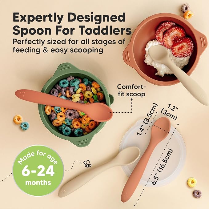 KeaBabies 3-Pack Silicone Baby Spoons and 12-Pack Baby Food Containers - Toddler First Food Training Spoon - 4 oz Leak-Proof, Microwavable Feeding Container