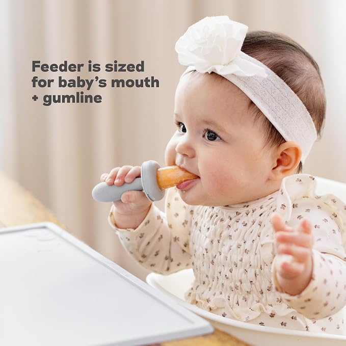ezpz Baby Feeding Bundle – Tiny Spoon (2-Pack, Pewter) + Gumline Feeder (Sage) – 100% Silicone Baby-Led Weaning Set for 4–6+ Months – Infant Feeding Essentials
