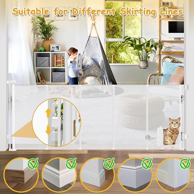 Reinforced 90” Extra Wide Retractable Baby Gate with Cat Door 33 Inch Tall Retractable Gates for Dogs Indoor with Door 7.5 Ft Extra Long Baby Gates for Large Openings Mesh Pet Gate Indoor, White