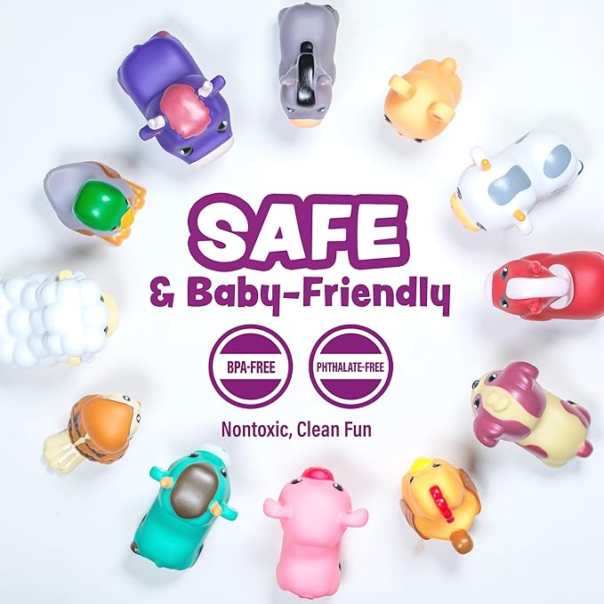 Tub Works® Barnyard??Mold Free Bath Toys, 12 Pack | Sealed, No Hole Bath Toys Design Keeps Moisture Out | Soft, Squeezable & Float on Water | Farm Animals Baby & Toddler Bathtub Toys | Baby Pool Toys