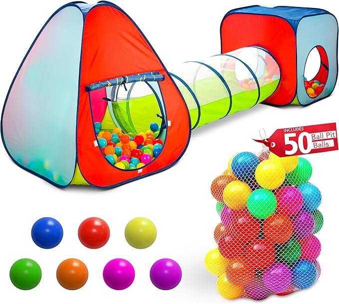 Kids Play Tent with 50 Balls ??3-Piece Tunnel & Ball Pit Combo ??Indoor/Outdoor Pop-Up Set with Mesh Panels & Carry Bag