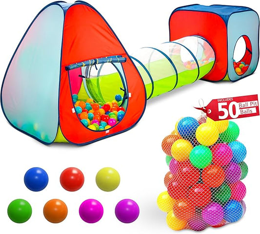 Kids Play Tent with 50 Balls ??3-Piece Tunnel & Ball Pit Combo ??Indoor/Outdoor Pop-Up Set with Mesh Panels & Carry Bag