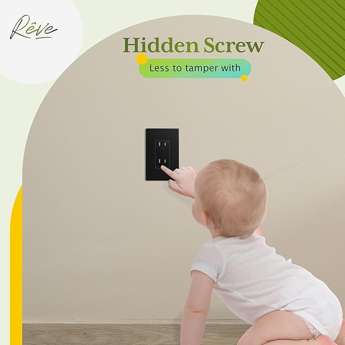 TG Screwless Decorator Wall Plate Child Safe Outlet Cover, Mid-Size 1-Gang 4.88" H x 3.11" L, Unbreakable Polycarbonate Thermoplastic, UL Listed, Glossy, Black (5 Pack)