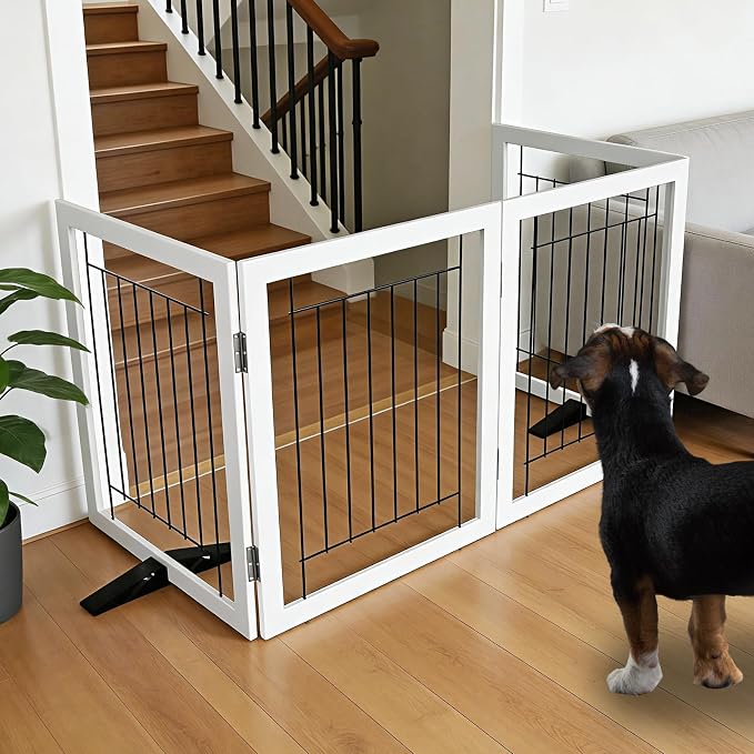 Dog Fence Indoor - 4-Panel Freestanding Dog Gate for Doorways, Hallways, House or Stairs -80x24-Inch Retractable Foldable Expandable Wood Pet by SFJC (White)