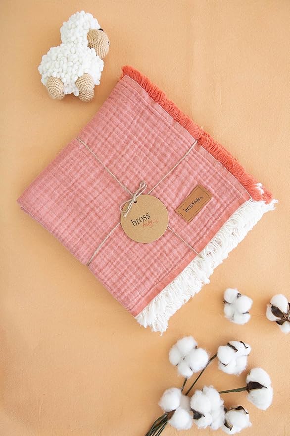 BROSS 100% Cotton Unisex Baby Blanket, 4 Layers Swaddle for Newborn, 110 * 120 cm Muslin, Soft Silky Receiving Blanket (Dark Brick)