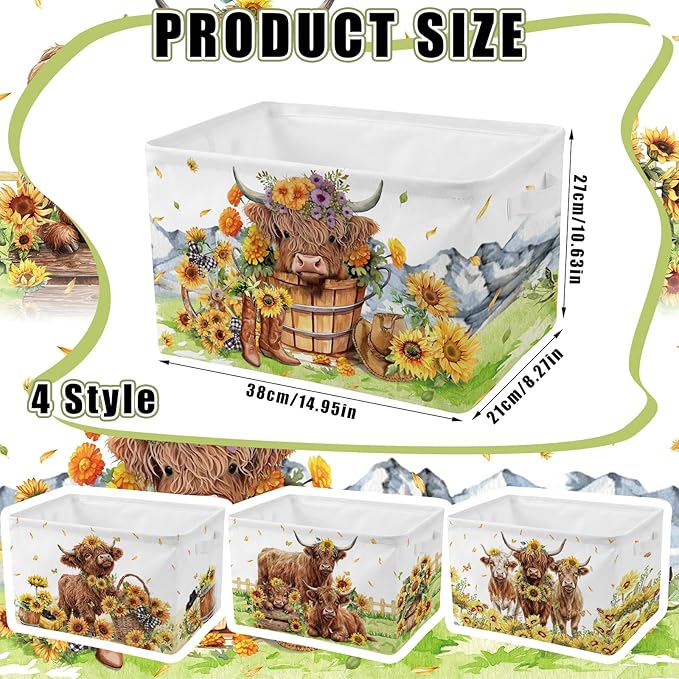 4 Pcs Highland Cow Storage Bin Collapsible Western Cow Themed Fabric Storage Basket with Handle American Country Style Organizer for Home Bathroom Bedrooms Baby Clothes Toys Books