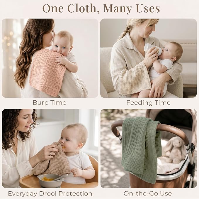 Konssy Muslin Baby Burp Cloths Sets for Unisex- 7 Pack Soft 100% Cotton Burping Clothes for Newborn，Baby Girls and Boys