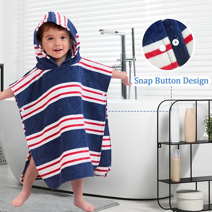VOOVA & MOVAS Hooded Baby Towel, Oversized (2-4Years,21"X21") Made from 100% Soft Cotton,Absorbent Hooded Poncho Towel for Baby Girl,Perfect for Pool | Swimming | Bath | Beach,Navy Red Stripe