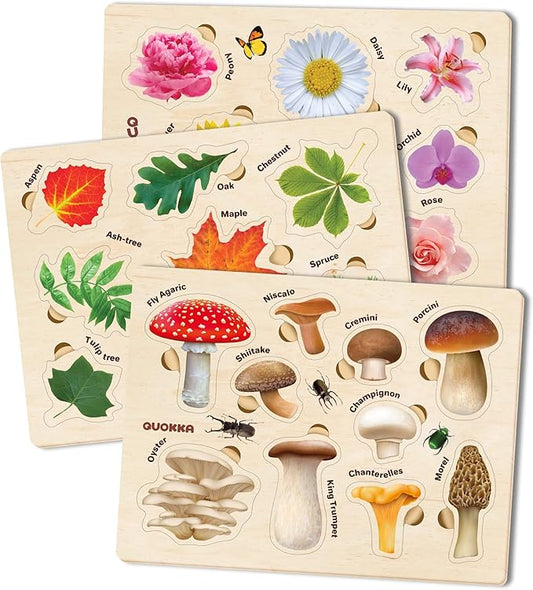 QUOKKA Wooden Puzzles for Toddlers 2-4 – 3X Set Montessori Toys Puzzles for Kids Ages 3-5 – Wood Educational Baby Game 12-18 Months – Gift Learning Mushrooms Flowers Leaves for Boy & Girl 3-5