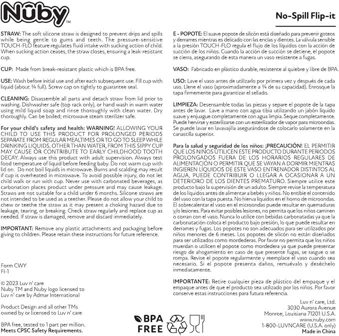 Nuby Thirsty Kids No-Spill Flip-it Printed Boost Cup with Thin Soft Straw - 12oz, 18+ Months, 1 Pack Print May Vary