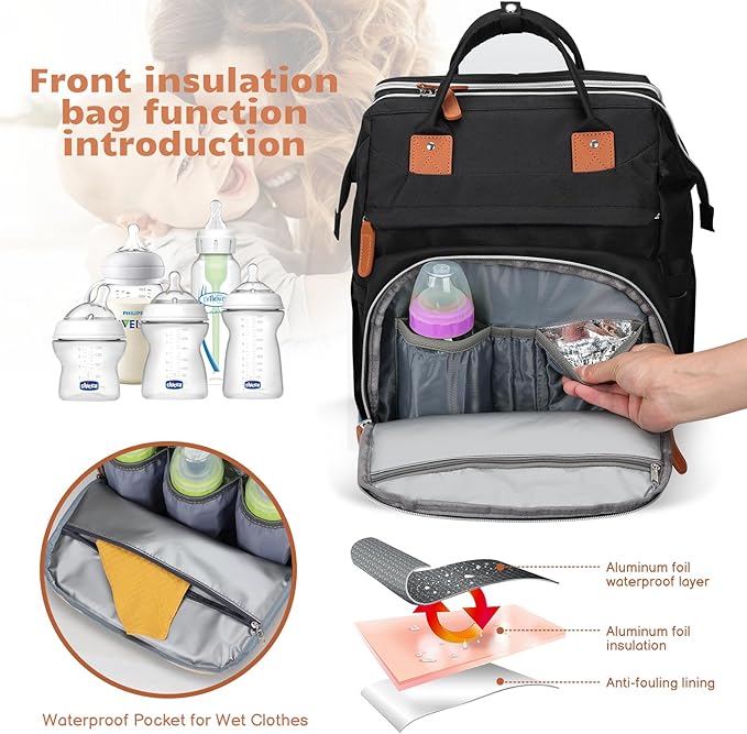 Diaper Bag Backpack for New Parents, Large Capacity Baby Travel Bag with Bottle Holders, Multiple Compartments (Black)