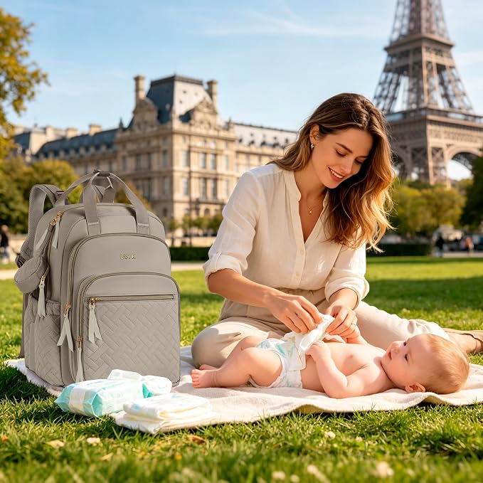 Diaper Bag Backpack, 27L Large Quilted Small Baby Bag with Changing Pad & Pacifier Case, Stroller Hooks, Easy-Access Baby Essential, Maternity Travel Backpack Unisex, Brown