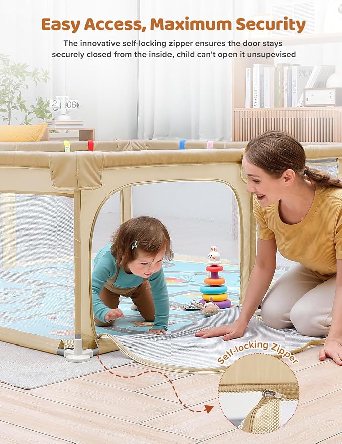 Dripex Baby Playpen with Mat, 71"x59" Play Pen for Toddlers 1-3 Years, Soft Breathable Visible Mesh, Indoor/Outdoor Portable Play Yard with Mat, Safe Baby Fence Play Area, Beige