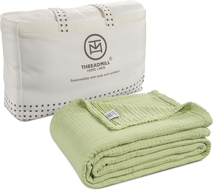 Threadmill Muslin Blanket for Twin Size Bed | 4-Layer Gauze Cotton Throw | Pre Washed, Soft, Breathable, and Lightweight for All Seasons | Ideal Summer Throw Blanket or Bed Blanket | Sage Green