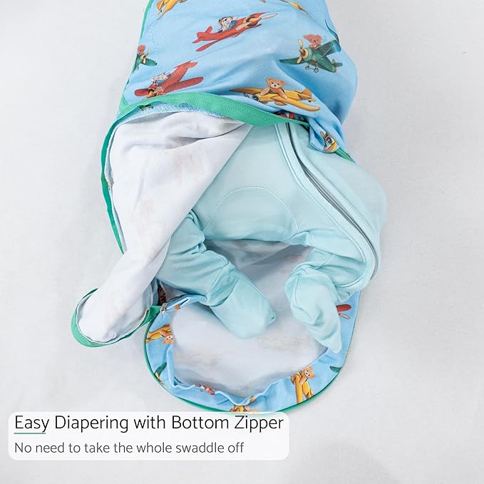 LollyBanks Baby Swaddles, 100% Cotton Baby Boy Sleep Swaddle, 3-6 Months Swaddle Sack for Boys with Easy Change Zipper, Newborn Sleep Swaddles Nursery Swaddling Blankets (Plane and Bear Print)
