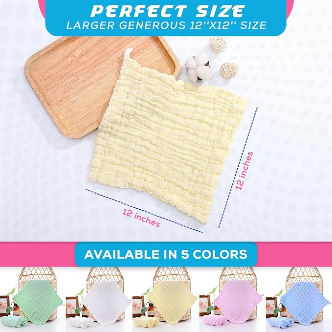 10 Pack Soft Muslin Unisex Baby Washcloths for Daily Use, 100% Cotton Set for Delicate Skin. Soft and Super Absorbent, Newborn Baby Essentials and Baby Registry,12x12 Inches (Blue)
