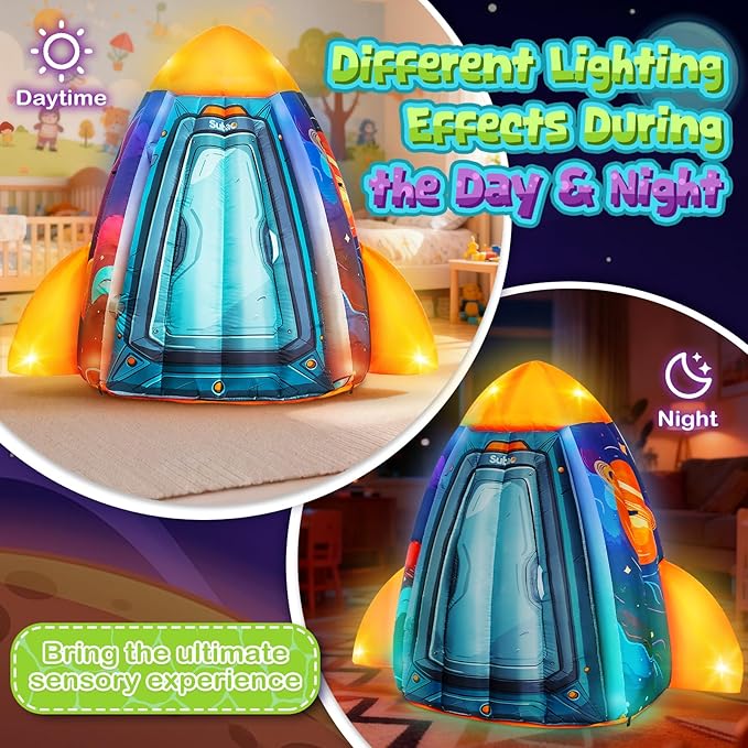 Subao Rocket Inflatable Light Up Sensory Tent for Kids with Autism,Blow Up Kids Tent for Home Classroom Indoor Play,Autism Sensory Products for Calm Corner,Birthday Xmas Gifts for Children