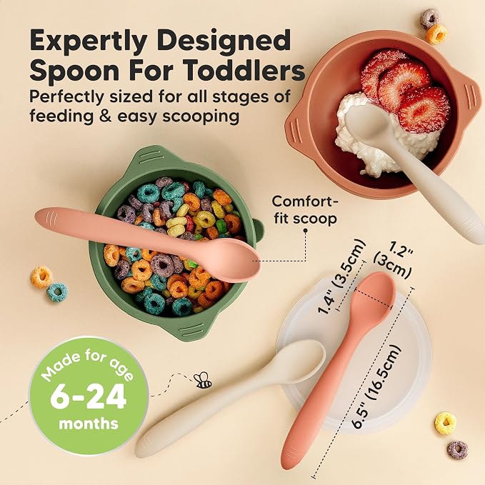 KeaBabies 3-Pack Silicone Baby Spoons and 2-Pack Baby Silicone Bibs - Toddler First Food Training Spoon - Waterproof, Easy Wipe Bib for Boys, Girls, Toddlers