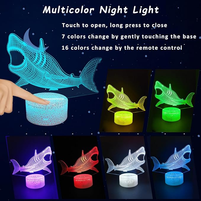 Shark Gifts for Shark Lover, 3D Nursery Night Light Lamp, Multi Color Change Timer Dimmalbe Remote Control, Bedroom Megalodon Theme Decor, Birthday Gift for Boy Girl Kids Teens Women Men