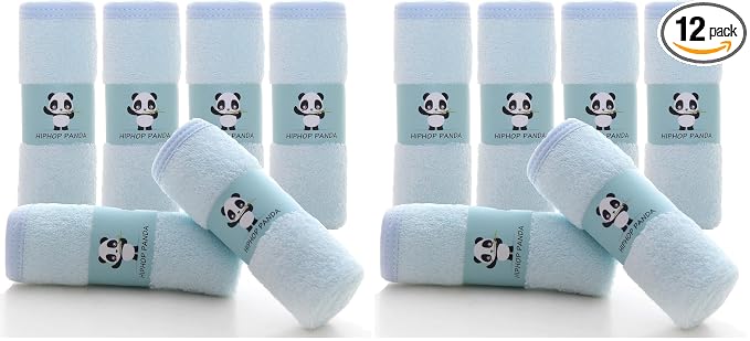 HIPHOP PANDA Baby Washcloths, Rayon Made from Bamboo - 2 Layer Ultra Soft Absorbent Newborn Bath Face Towel - Reusable Baby Wipes for Delicate Skin - Blue, 12 Pack