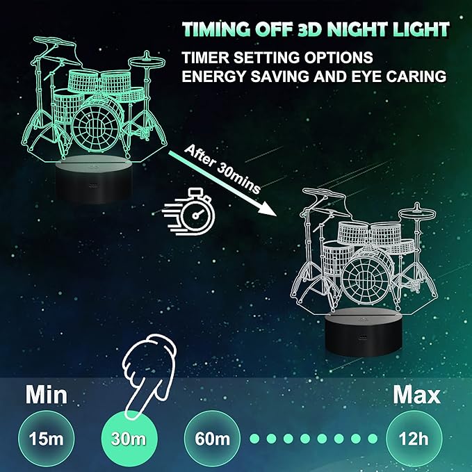 Ammonite Drum kit Night Light, 3D Illusion lamp for Kids, 16 Colors Changing with Remote & Timer, Amazing Idea Choice for Musical Instrument Shop Home Party Supply Decoration