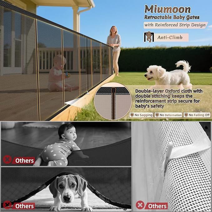 Miumoon 200 inch Retractable Baby Gates 42 inch Tall, Retractable Gate with Reinforced Strip Design to Prevent Crawling Through, 16 FT Outdoor Retractable Gates, Extra Wide Retractable Gate for Garage