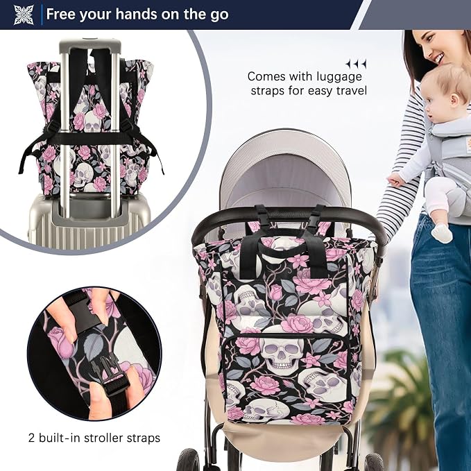 Halftone Skull Rose Diaper Bag – Insulated Pockets, Large Capacity for Mom Dad