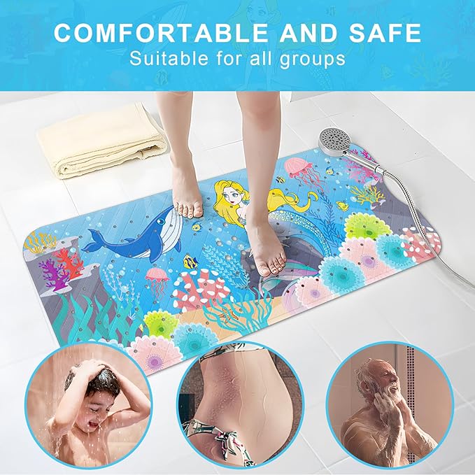 Upgrade Cartoon Baby Bath Mat Non Slip - 40"x16" Extra Long Bathtub Mat for Baby Eco Friendly Durable Bath Mat for Tub Non Slip Kids Tub Mat with Suction Cups, Machine Washable and No Fading, Mermaid