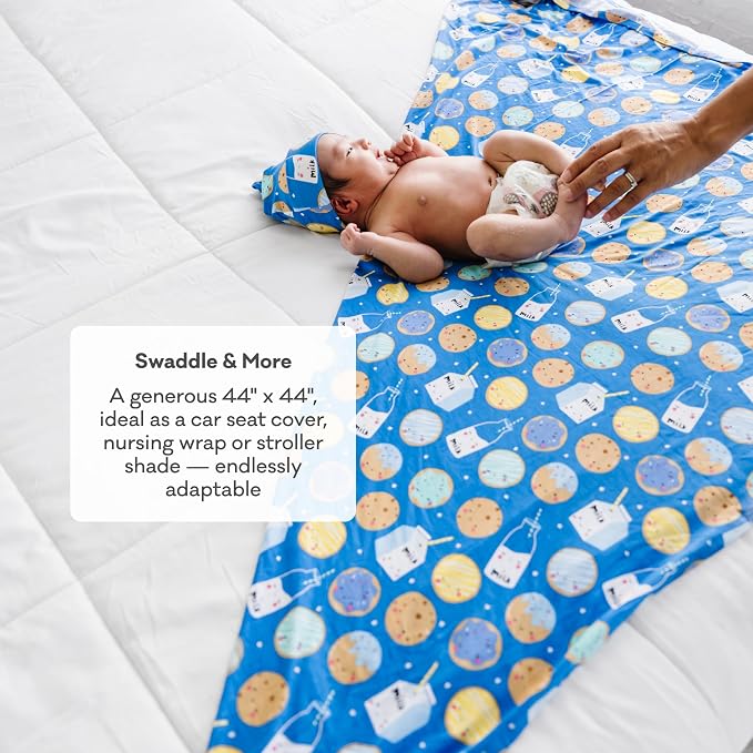 Little Sleepies Swaddle & Hat Set, Baby Swaddles Newborns, Soft Viscose from Bamboo Swaddle Blanket Wrap (Blue Breakfast Buddies)