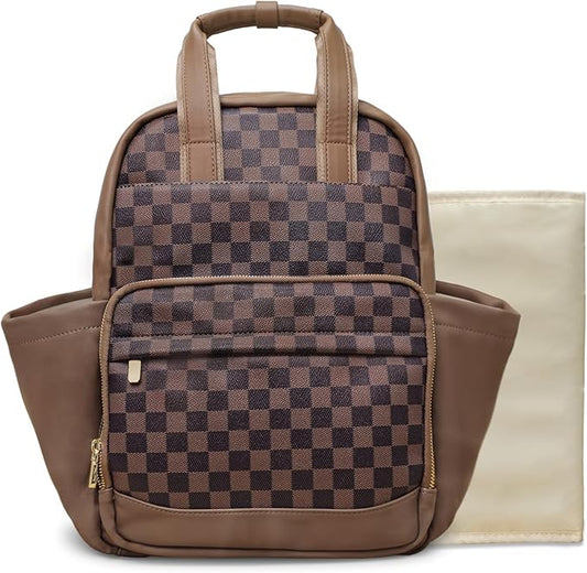 miss fong Small Diaper Bag - Baby Diaper Bag Backpack Checkered Diaper Bag with Changing Pad for Travel Daycare Mommy Diaper Backpack for Mom & Dad -Coffee