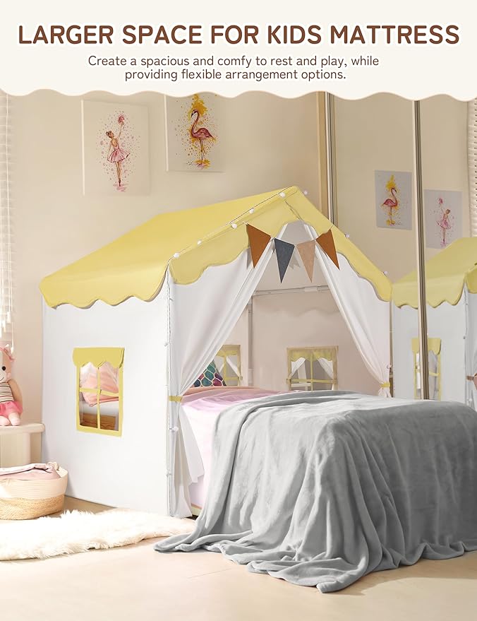 Besrey Kids Play Tent 2 in 1 with Padded Mat and Lights, Large Kids Playhouse with 2 Doors & 4 Windows, Indoor & Outdoor, Christmas Toddler Tent, 51" x35" x 51" (Yellow)