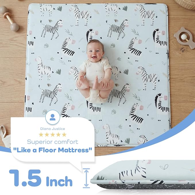 1.5" Thick Premium Baby Floor Play Mat, 71x79 Over-Sized Padded Memory Foam Mat, Tummy Time Crawling Playmat for Nursery Kids Playroom, Zebra