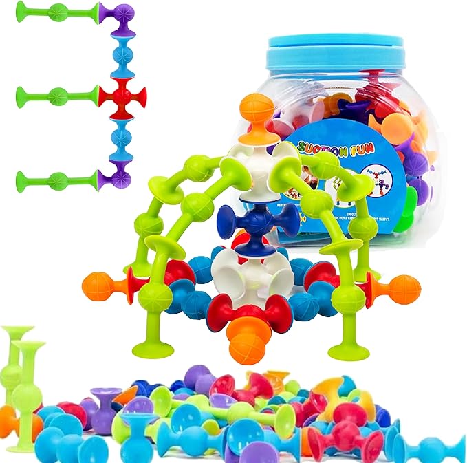 48 Piece Suction Cup Toys Construction Set - Silicone Building Blocks DIY Fun Bath Toys for Kids Ages 1-3, travel essentials for toddlers 1-3, Darts Sucker Toy with Toddler Road Trip Essentials