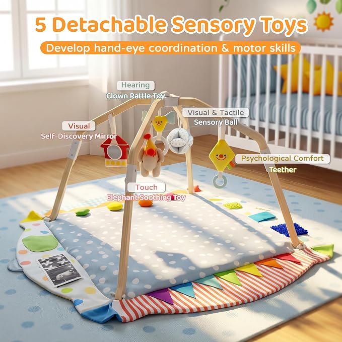 Kizfarm Baby Play Gym Mat, 5 Developmental Zones Wooden Tummy Time Mat, Baby Activity Mat with 5 Detachable Sensory Toys, Stage-Based Development from Newborn Infant, Baby Essentials Shower Gift