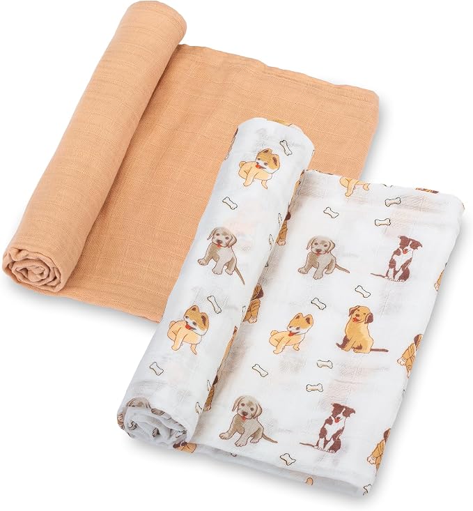 LollyBanks 100% Cotton Baby Blankets 2 Pack, Gentle and Soft Muslin Swaddle Blanket for Girls, Lightweight 47 x 47 Inches Newborn Receiving Blanket, Newborn Essentials Must Haves (Puppies and Tan)