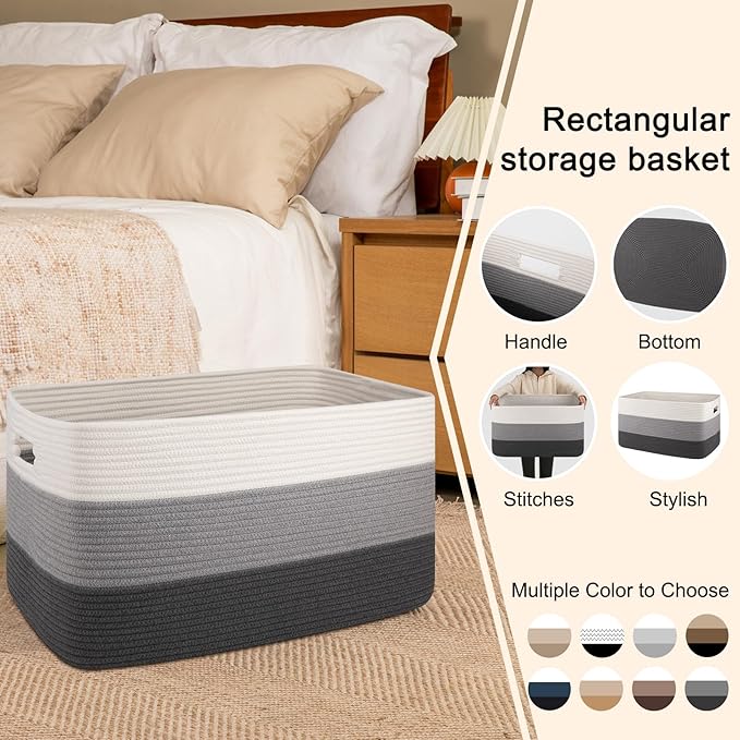 OIAHOMY Large Blanket Basket For Living Room, Rectangle Woven Baskets for Storage, Nursery Toy Storage With Handle-22?�x17?�x12??Gradient Dark Grey