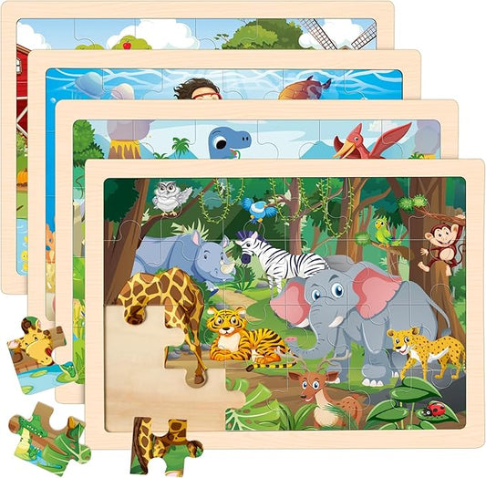 Puzzles for Kids Ages 4-6, 4 Packs Wooden Animals Jigsaw Puzzles for Toddlers Ages 3-5, Preschool Educational Puzzles Boards Toys Gifts for 3 4 5 6 Boys Girls