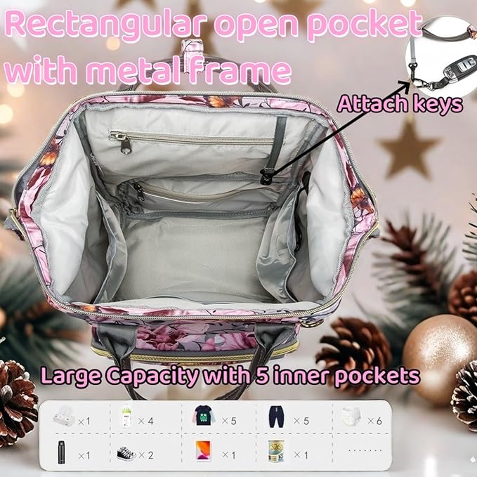 Floral Diaper Bag Backpack with Coin Bag USB Charging Port Stroller Straps and Insulated Pocket,Travel Nappy Backpack For Women/Mom (Grey Pink Flower Pattern)