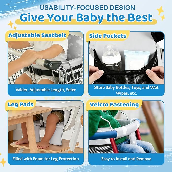 Portable Baby Shopping Cart Seat, High Chair Cover for Outdoor Hygiene and Safety, One-Hand Installation Cart Seat Cover, Comfortable and Supportive Foam-Padded, Grocery Cart Baby Seat