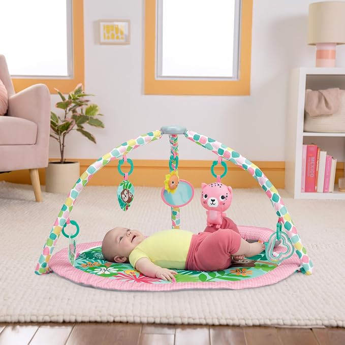 Bright Starts Rosy Rainforest Foldaway Activity Gym with Carry Bag for Storage & Travel, Pink Play Gym, Newborns & Up