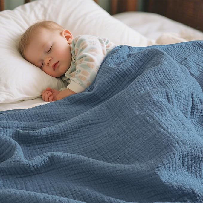 PHF Baby Muslin Swaddle Blanket, 100% Cotton Soft Breathable Receiving Blankets for Boys and Girls, 4-Layer Swaddle Wrap Burping Clothes, Baby Essentials, Large 47 x 47 inches, Prussian Blue