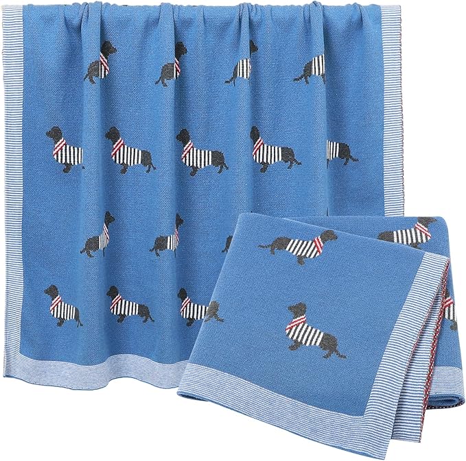 Opewod Baby Blanket Knitted 100% Cotton Soft Blankets for Newborn Boy Girls Cute Dog Dachshund 30x40 inches Jean Blue