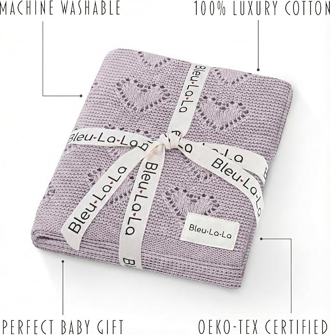 Heirloom Heart Knit Baby Blanket for Girls 100% Cotton Knit Swaddling Baby Blanket - Soft Warm Cozy Swaddle Receiving Cuddle Stroller Blanket for Newborns, Infants, & Toddlers (Lavender)