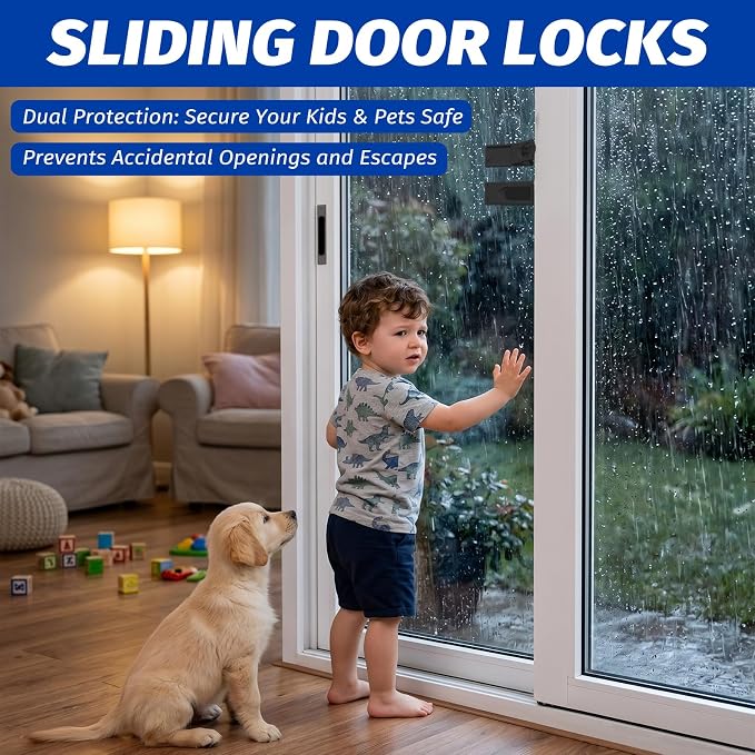 Sliding Door Lock 4 Pack –Black Child Safety Sliding Glass Door Lock, No-Drill Adhesive Lock for Windows, Closets & Patio Doors, Baby Proof Stopper for Home Security